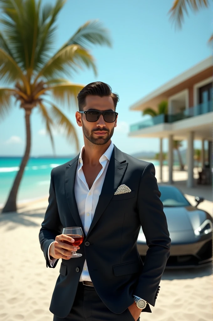 Generate 3 different photos, about a 30 year old Mexican who owns a casino and lives on the beach