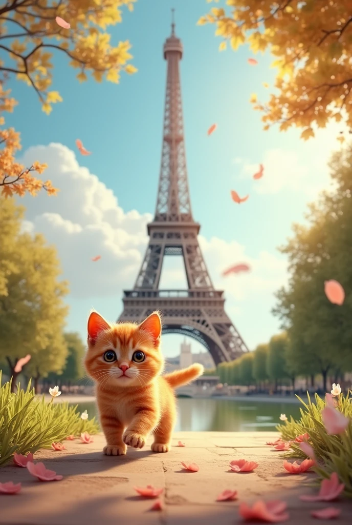 Maintenant, un petit chat avec une robe rouge se promène devant la tour Eiffel.