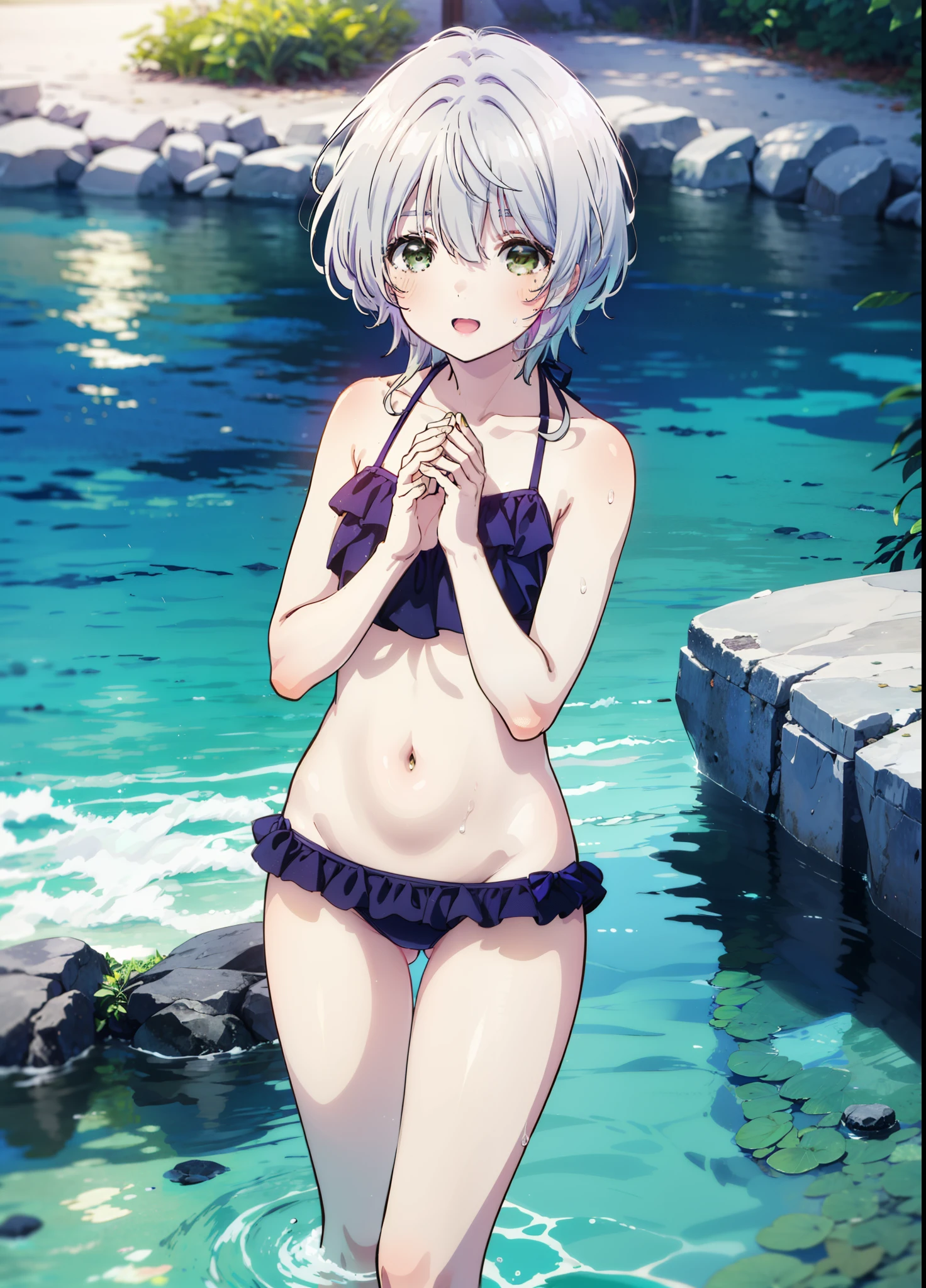 fuukakikuchi, fuuka kikuchi, short hair, bangs, Hair between the eyes, (Green Eyes:1.3), Grey Hair,smile,Open your mouth,Bikini swimsuit with ruffles,Wet Skin,Wet Hair,Wet swimsuit,barefoot,Water Play,Daytime,Clear skies,True Summer,whole bodyがイラストに入るように,
break outdoors, Ocean,
break looking at viewer,whole body, (Cowboy Shot:1. 5),
break (masterpiece:1.2), Highest quality, High resolution, unity 8k wallpaper, (figure:0.8), (Beautiful attention to detail:1.6), Highly detailed face, Perfect lighting, Highly detailed CG, (Perfect hands, Perfect Anatomy),