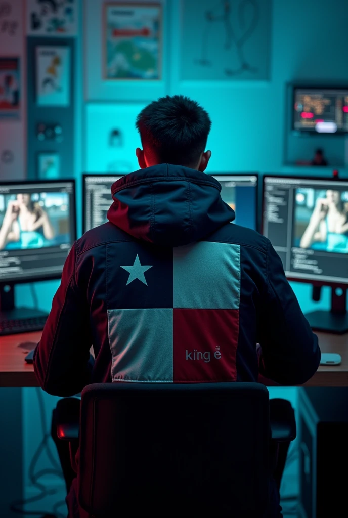 Man sitting with his back to many monitors wearing a hacker coat with the Panama flag on the back with the name written on it "King E👑🇵🇦"