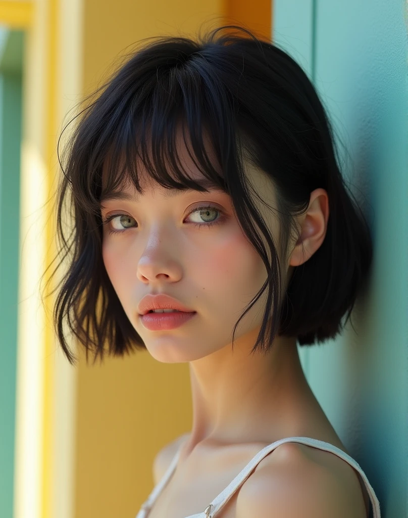 RAW photo, best quality, masterpiece, photorealistic, Polish girl, 20 years old, black hair, Light grey eyes, short bob cut, hair in 7 thirds, hair over one ear, Symmetrical eyes, Detailed Skin, Detailed face, Detailed hands, Big Breasts, rip gloss, Shot in front of a stylish pastel-colored exterior wall, profile, upper body, sunny, outdoors, detailed background, wet hair, gel nails
