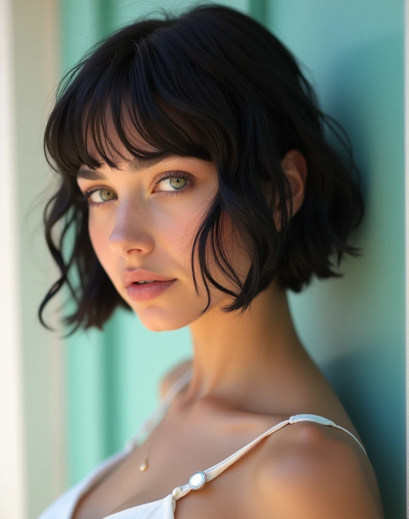 RAW photo, best quality, masterpiece, photorealistic, Polish girl, 20 years old, black hair, Light grey eyes, short bob cut, hair in 7 thirds, hair over one ear, Symmetrical eyes, Detailed Skin, Detailed face, Detailed hands, Big Breasts, rip gloss, Shot in front of a stylish pastel-colored exterior wall, profile, upper body, sunny, outdoors, detailed background, wet hair, gel nails