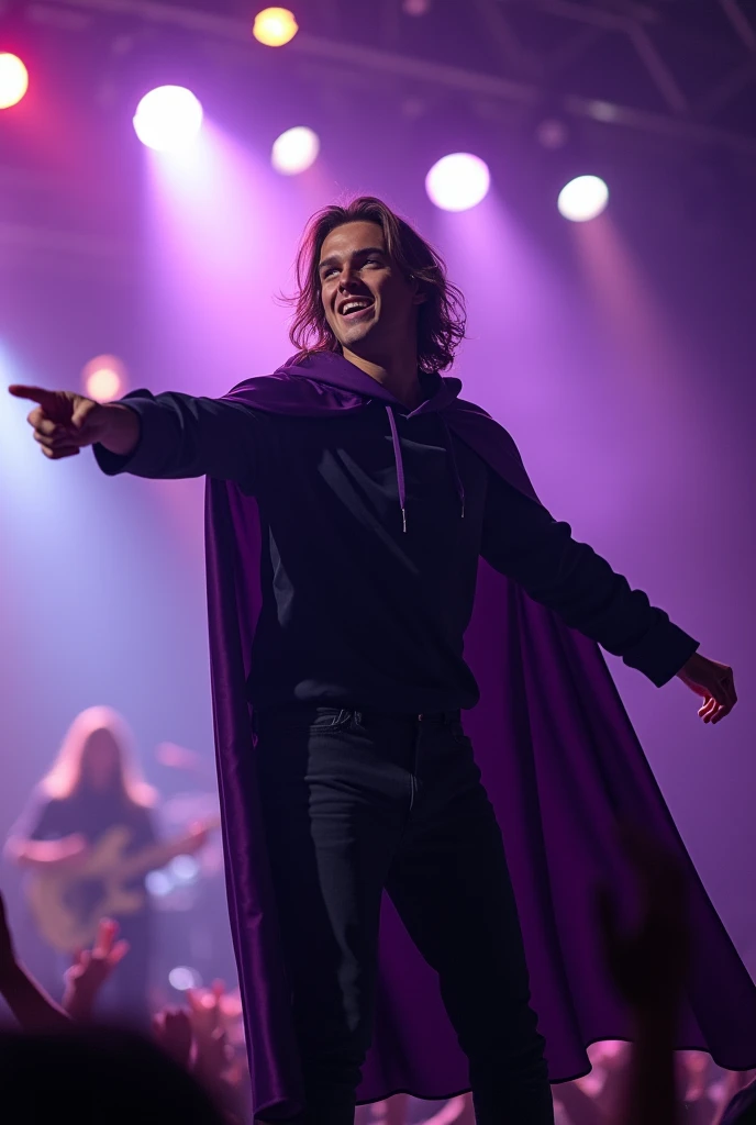 artwork best quality handsome american male teenager long brown hair light skin with purple cape and hooded coat on head black long sleeve shirt underneath singing holding a microphone seen from afar pointing to the audience at a concert with details uhq 8k details