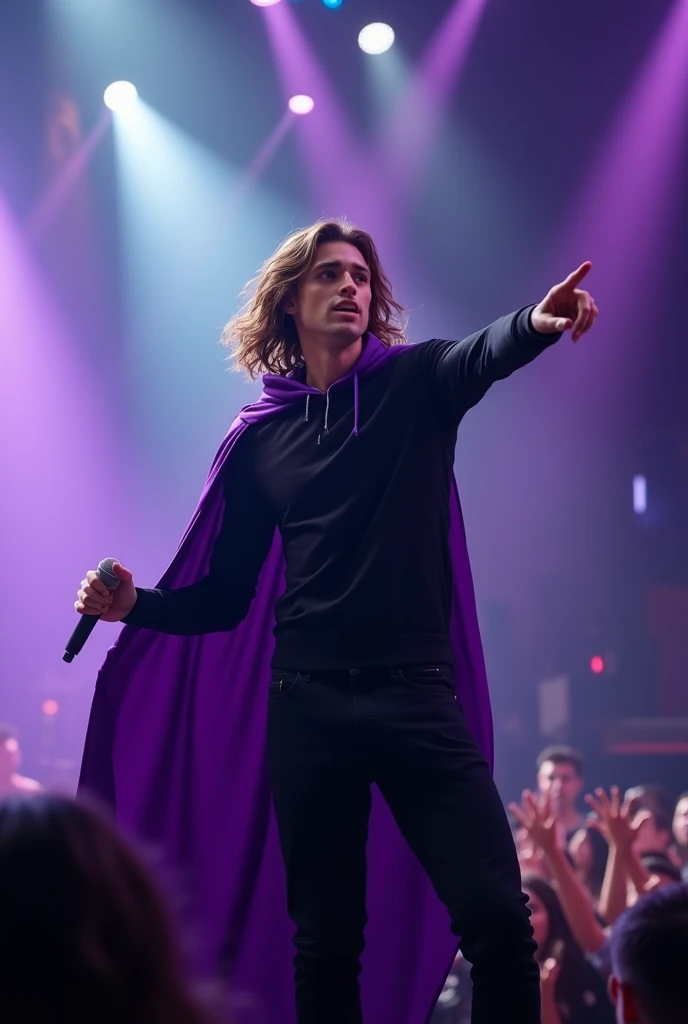 artwork best quality handsome american male teenager long brown hair light skin with purple cape and hooded coat on head black long sleeve shirt underneath singing holding a microphone seen from afar pointing to the audience at a concert with details uhq 8k details