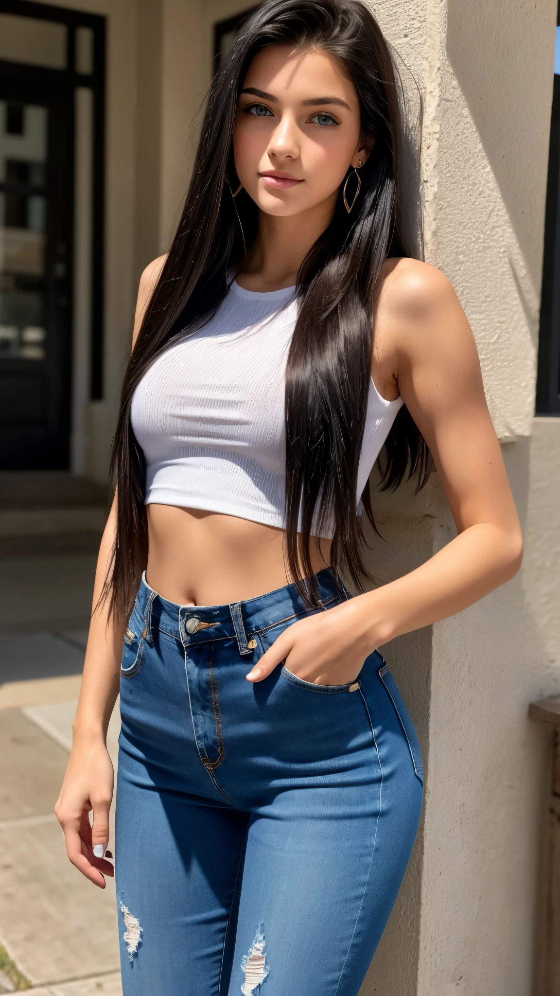 Beautiful 18 year old brunette girl with fair skin, blue eyes, long straight black hair, wearing earrings, wearing a shirt and high waisted jeans with thick legs showing her belly button