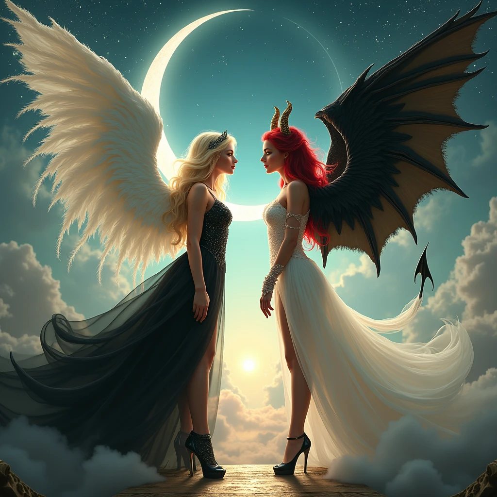 (highest quality, masterpiece, High resolution), 16K, fantasy art, RPG art a picture of (((1 female:1.8))), BREAK a (1female Angel: 1.3) , wearing intricate dress glam dress, ((black dress: 1.3)) pale skin, best details beautiful face , (blonde: 1.2) hair, long hair vy hair (green: 1.1) eye, High heelsブーツ, large Angelic wings, (white: 1.2) angelic wings spread BREAK ((and)) a (1female demon: 1.3), (red: 1.4) skin, Devil's Wings, (black: 1.1) Devil's Wings spread, Devil horns, (red: 1.1) skin, black hair, red eye, best details beautiful face, wearing a intricate dress glam dress, ((white dress: 1.3)), High heels, in the border between heaven and hell, moon, stars, cloud, god rays, soft nあturあl light silhouette, dynamic angle, Photorealism, panoramic view (Masterpiece 1.3, intense details) , Wide-angle, ultra-wide
