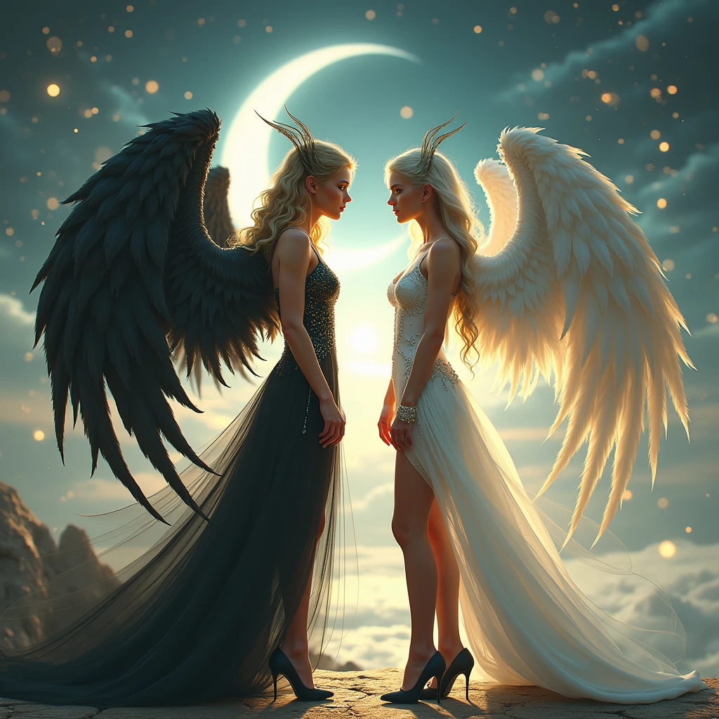 (highest quality, masterpiece, High resolution), 16K, fantasy art, RPG art a picture of (((1 female:1.8))), BREAK a (1female Angel: 1.3) , wearing intricate dress glam dress, ((black dress: 1.3)) pale skin, best details beautiful face , (blonde: 1.2) hair, long hair vy hair (green: 1.1) eye, High heelsブーツ, large Angelic wings, (white: 1.2) angelic wings spread BREAK ((and)) a (1female demon: 1.3), (red: 1.4) skin, Devil's Wings, (black: 1.1) Devil's Wings spread, Devil horns, (red: 1.1) skin, black hair, red eye, best details beautiful face, wearing a intricate dress glam dress, ((white dress: 1.3)), High heels, in the border between heaven and hell, moon, stars, cloud, god rays, soft nあturあl light silhouette, dynamic angle, Photorealism, panoramic view (Masterpiece 1.3, intense details) , Wide-angle, ultra-wide