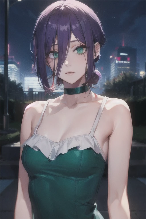 (Highest quality)、(Highest quality)、cut、Chainsaw Man、cute、(choker).eyes are emerald、Her hair is purple、Short Bob、Beautiful night view、whole body、detailed、強力なdetailed、cut、