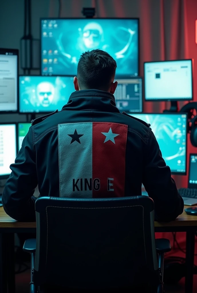 Man sitting with his back to many monitors wearing a hacker coat with the Panama flag on the back with the name written on it "King E
