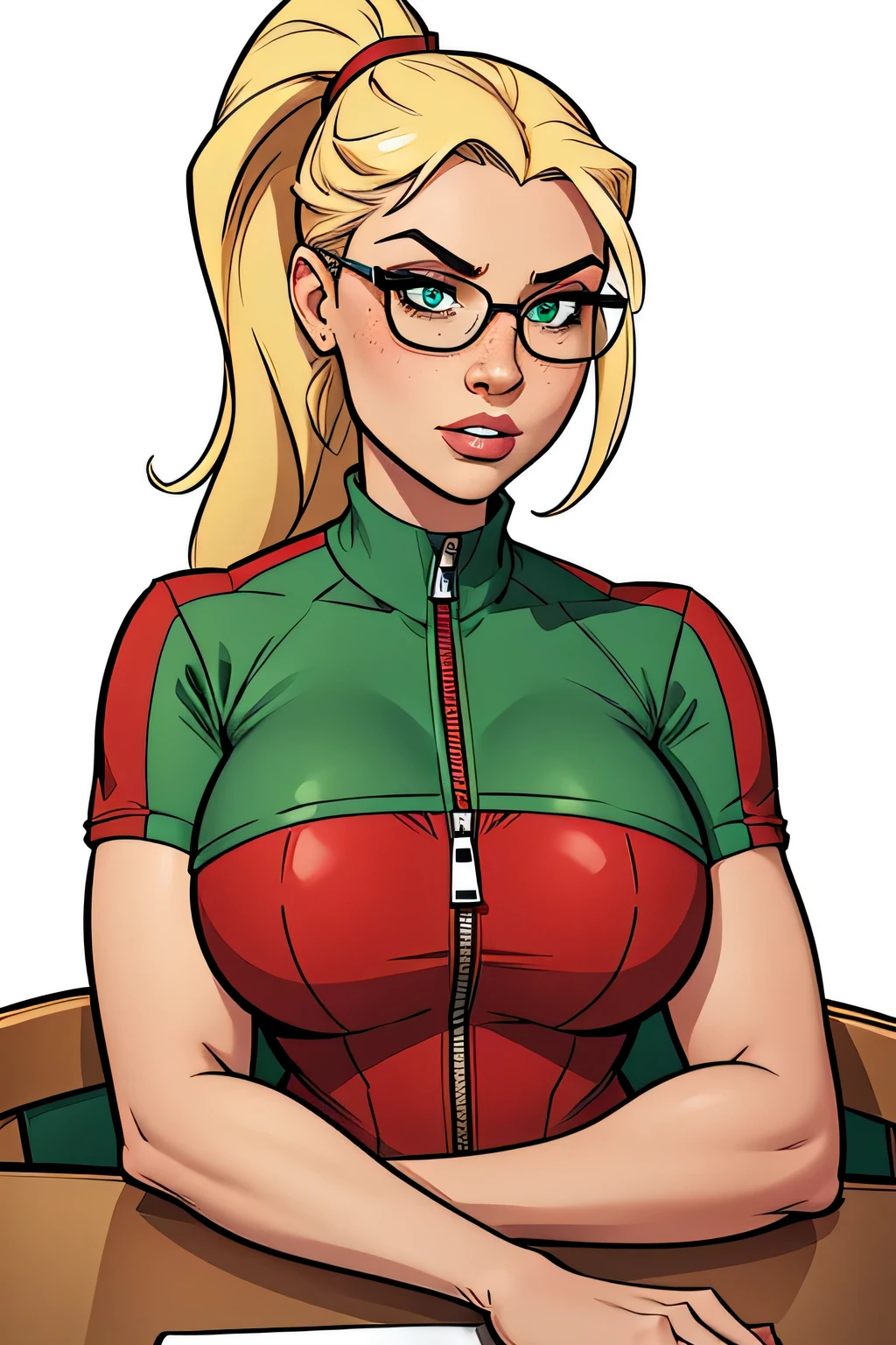 Thin woman, age 25, 4K (High definition), thoughtful, seducing gaze, greeneyes (wearing glasses), wearing a red dress with a boat neck (com zipper lateral) and short sleeves, arms positioned at the side of the body, Caucasian skin, long blonde hair with ponytail, upper body (with a table in front of you), full of curves with freckles on her chest and neck, round breasts. High-quality Marvel style, white background.