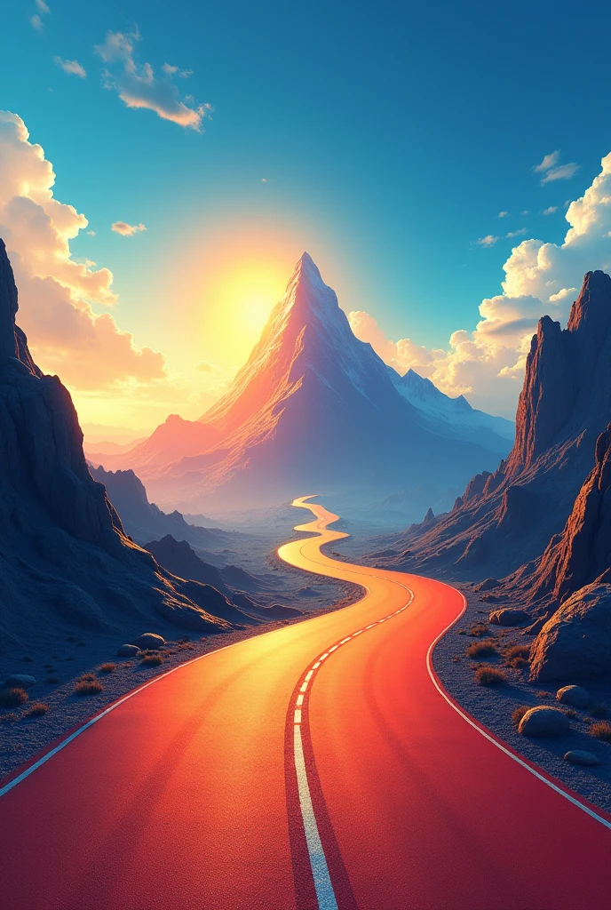 Design a cover that reflects inspiration and growth. Use a vibrant background with an energizing color scheme like blue and orange. Includes visual elements such as a rising mountain, a road that stretches to the horizon or a clear sky. Add motivational quotes in a modern, clear font to capture the essence of empowerment and self-improvement.