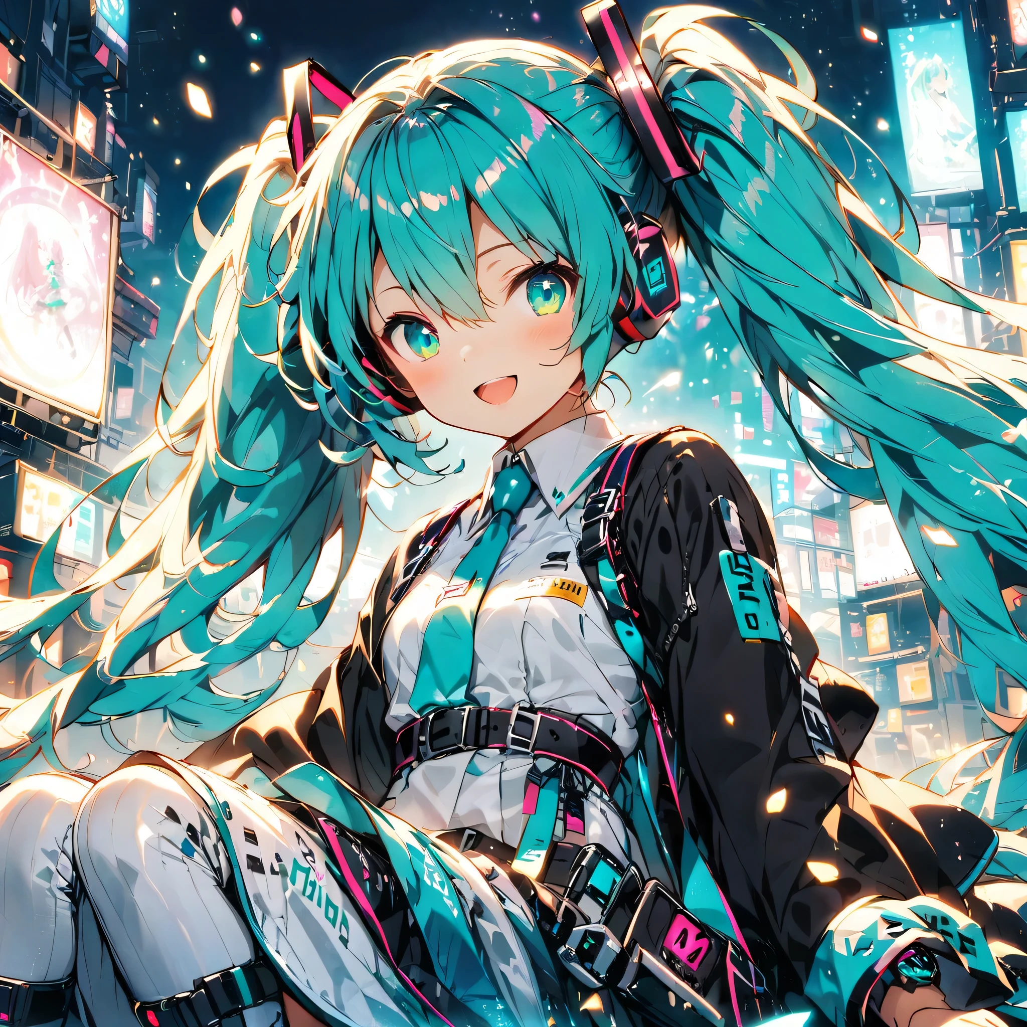 hatsune miku、smile、Sitting、Open your mouth、Particles of light、Observe the audience、Look at this
