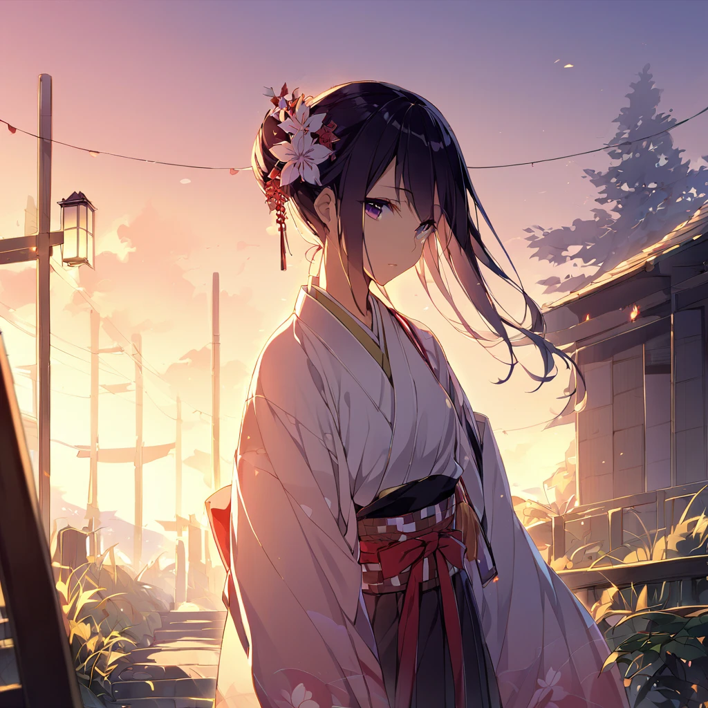 Young woman wearing Japanese clothing、early morning'Atmosphere。長いblack髪にpurpleがかった色味、Tie a section loosely、残りteeth肩に流れ落ちる。Looking over the right shoulder、Only the left eye is visible in profile。Smooth skin like white porcelain、length, Narrow eyes、Small lips。A fleeting and mysterious atmosphere、Feeling a little depressed。Beautiful white kimono with floral pattern。blackい帯と襟、帯teeth大きな蝶結びで背中で結ばれている。着物にteethred、purple、pink、Delicately painted white floral pattern、Expressing with Gradient。length, Drag the hem、Detailed texture and wrinkles.。透け感のあるblackい羽織を肩にかけている。White flower hair ornament、桜やplumの花をイメージ。circular composition、Place it against the background of a full moon。背景teethdark blueから白へのグラデーション、The impression of the night sky turning into morning。Silhouettes of flowers and plants are scattered throughout the background.、Expressing the appearance of dancing in the wind。Put a dark color on the left、Put a lighter color on the right、Represents the balance of yin and yang。Mainly white、black、dark blue、red、purpleのコントラスト。着物の花柄に使用される色teeth、淡い色から濃い色までExpressing with Gradient。背景の花のシルエットteeth白や薄い青で表現し、Create a great atmosphere。Based on Japanese anime and manga style illustrations、A fusion of delicate line drawings and watercolor-like gradations。Detailed depiction of petals and leaves、特に着物の模様teeth極めて精緻。キャラクターの輪郭線teeth細く、Blur the boundary between the subject and the background。Expressing the movement of petals dancing in the wind、Pay special attention to how the pieces are scattered around the outside of the circle..。Adding effects to character facial expressions'overview blends into the background、Especially the hair and the hem of the kimono..。Soft light created by moonlight、Give your character a soft light effect'overview。A fusion of Japanese fantasy and modern illustration techniques。Mysterious and ephemeral atmosphere、A majestic contrast of power。Before Dawn、Darkness and light、Expressing the duality of strength and elegance。季節感としてteeth春の終わりから初夏を想起させる。Vary line thickness and shading、For a sharp finish。Kimono pattern and background flowers々々teeth、Create subtle details with the Brush tool。Adjust the contrast between the character and the background、Highlight the main character。Unify the overall color scheme、Create a harmonious look。着物の裾からredい花びらが散り、Spread it on the ground。背景の植物teeth桜、plum、Focus on wisteria flowers、Representing seasonal changes。キャラクターの立ち姿teeth凛として美しく、the spine is straight。The moonlight reflects off the fabric of the kimono、Creates a subtle sheen。