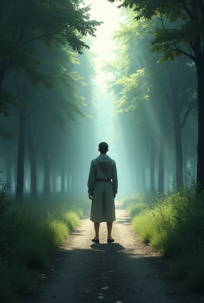 Image of a person looking at two doors or paths, with a light path and a darker one.