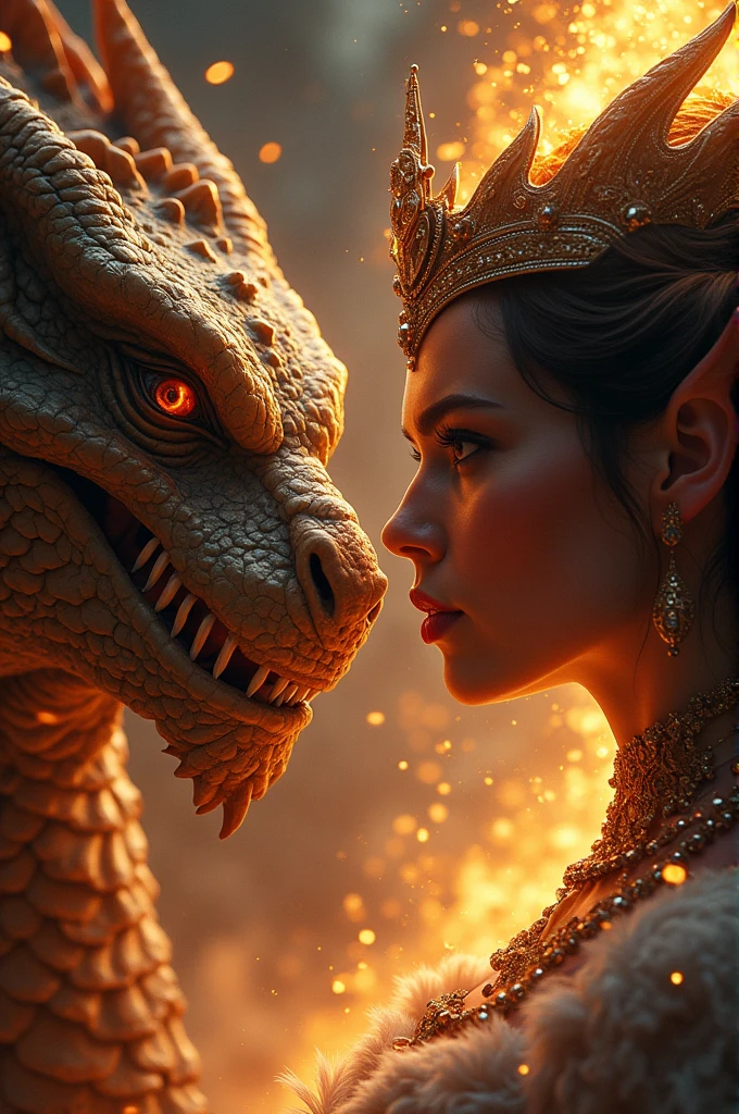 The vlose pic of dragon and queen faces sparkling and fierce look