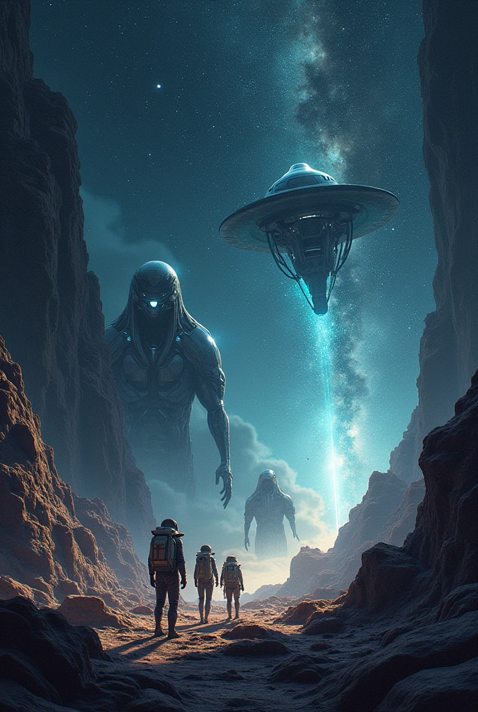 Create a poster with space satalites aliens and astronaut aliens with astronauts