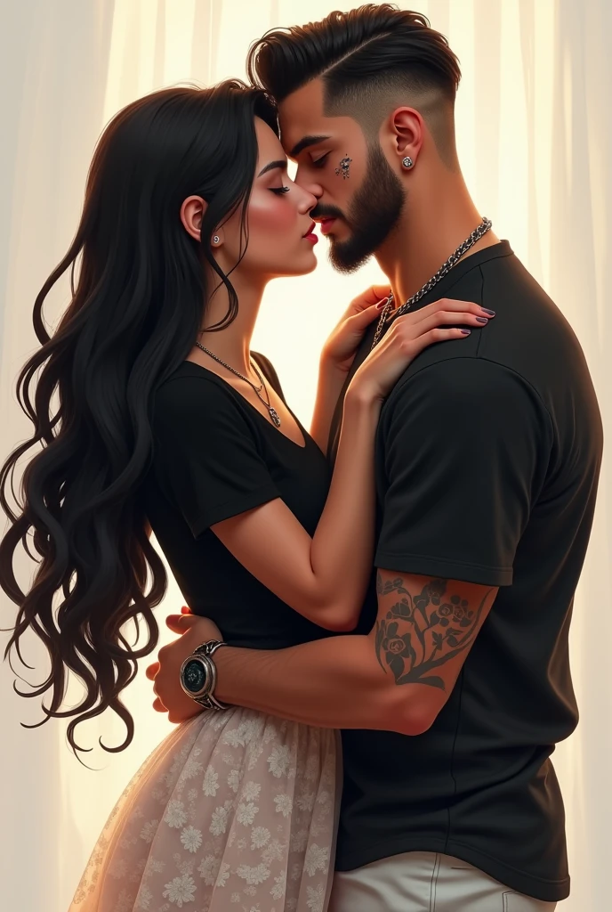 Colombian girl with long black hair wearing a black blouse and a white floral skirt who hugs him by the neck and gives him a kiss on the left cheek and caresses the right cheek of a Colombian boy with a side-swept haircut and has a beard and mustache. He is dressed in a black shirt and white pants and has flower tattoos on his cheeks. He is wearing a chain. 