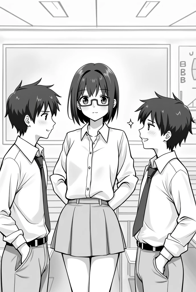 Black and white illustration of a girl with glasses and two boys talking in a university classroom