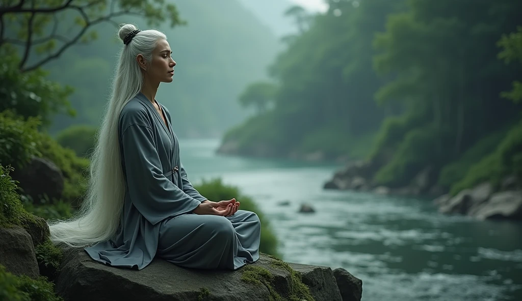 (wide angle shot) , A beautiful middle-aged woman in Asian Taoism, sitting on a nearby stone, with long white hair, sitting cross-legged, hands on both knees. Taoism, wearing a gray robe, miraculous aura, Taoist master, lush landscape, dark green, forest, fog, river.