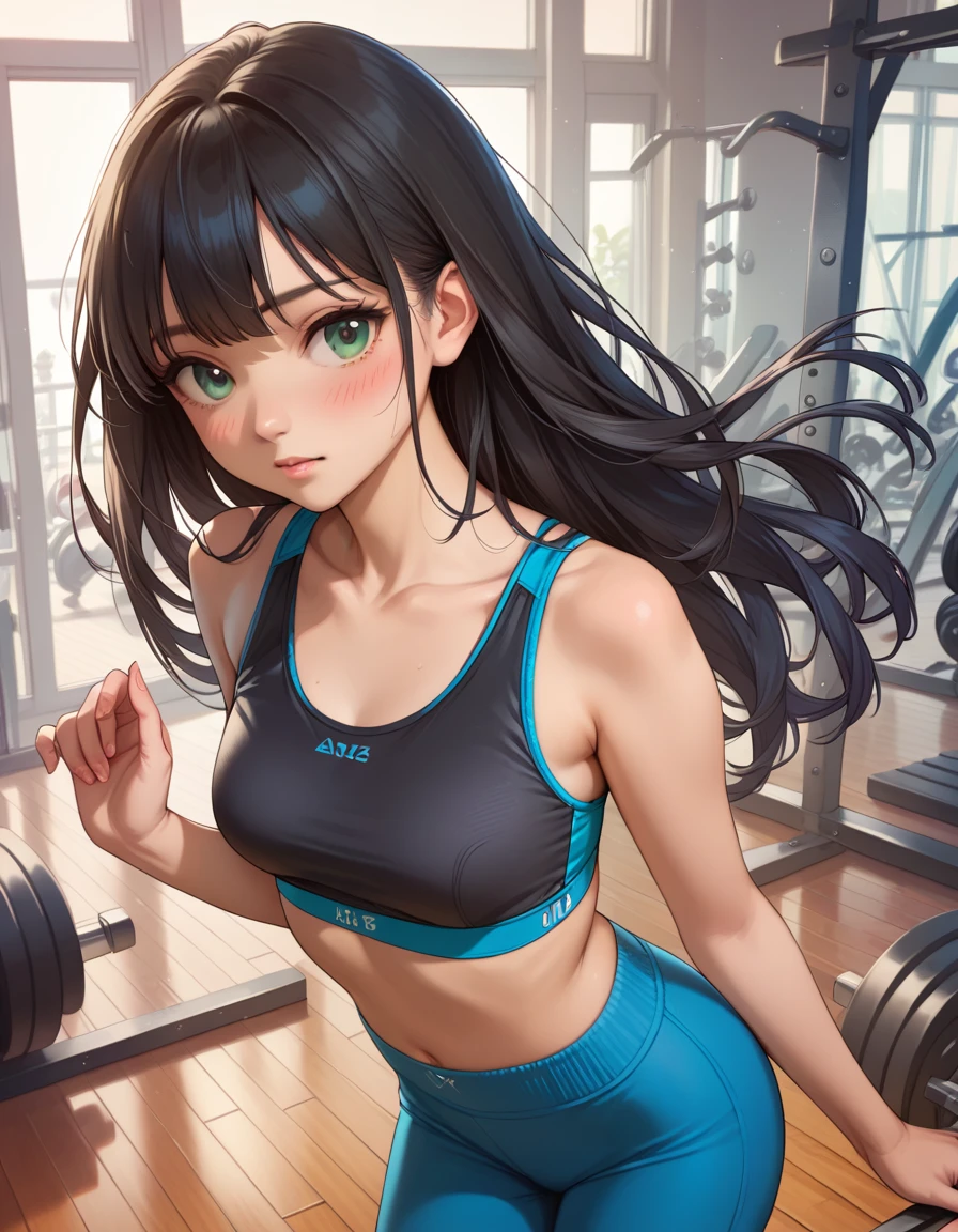 (score_8, score_8_up,masterpiece,highest quality,Perfect Anatomy,Exquisite detailed,realistic)(hyper realistic:0.2)sbyrn, long hair, black hair, bangs, green eyes, medium breasts,black sports bra,blue pants,blush,gym