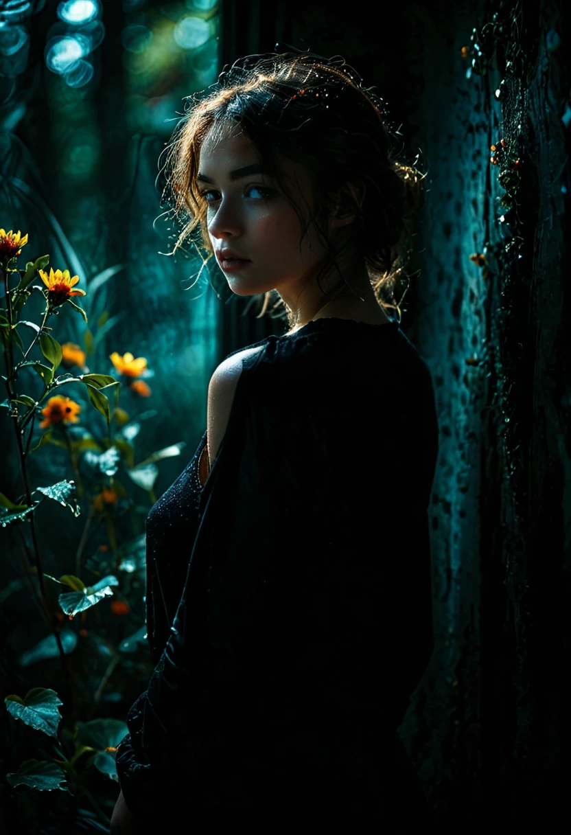 artistic photography,style of Paul Barson,full shot,depth of field,turn_one's_back,darkness atmosphere,
1girl,full body,dreamlike,looking_outside,huge filesize,