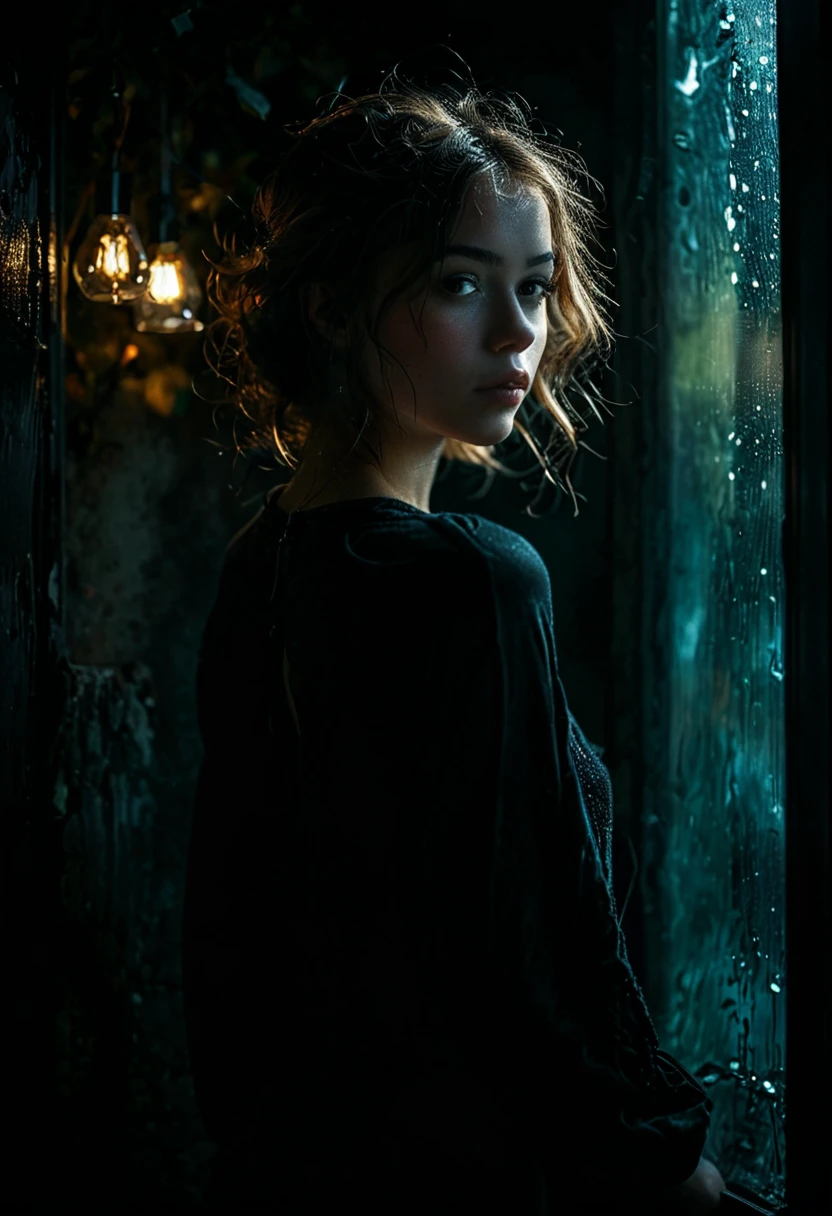 artistic photography,style of Paul Barson,full shot,depth of field,turn_one's_back,darkness atmosphere,
1girl,full body,dreamlike,looking_outside,huge filesize,
