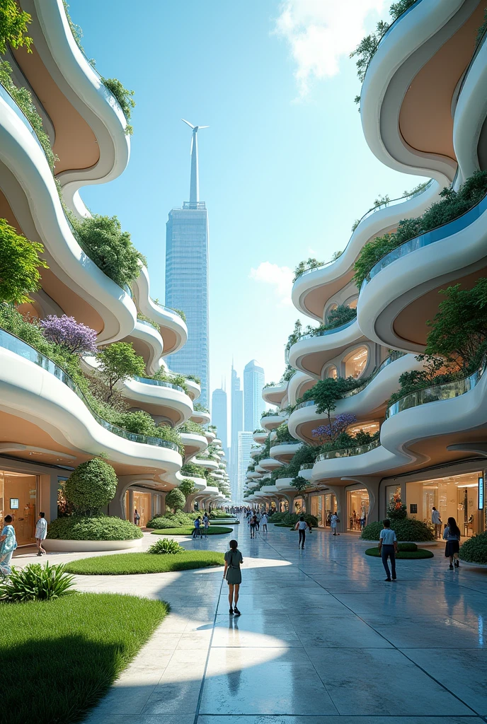 Futuristic energy hub in the near future, developed in response to recent global shifts towards sustainable energy sources. This hub features a blend of solar panels, wind turbines, and advanced energy storage systems seamlessly integrated into the urban environment. The architecture includes energy-efficient buildings with green roofs and vertical gardens. The area is characterized by dynamic, flowing designs that capture and display real-time energy usage and sustainability metrics. The hub also includes interactive information stations that educate the public on renewable energy technologies and their global impact. The scene is vibrant with a focus on the harmony between advanced energy technology and urban living. The image should be in high resolution (4K or higher) and show a wide view of this modern energy center, highlighting innovations in sustainable energy and their role in future cities