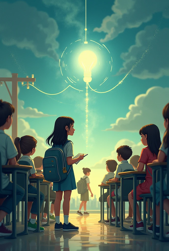 1:A high school classroom. The professor is explaining the impact of excessive electricity use on climate change. Students are distracted, except Sara, A curious girl who takes notes carefully.
2:Sara goes up from the classroom, thoughtful. in his house, begins to observe how his family uses electricity without thinking: lights on all day, televisions that never turn off, and chargers connected without need.
3:Sara decides to start a "Electric Revolution". Shown organizing a group of students committed to reducing energy consumption at school and at home. They prepare campaigns and posters with practical advice.
4:Sara's group begins to change habits: turn off unnecessary lights, use LED bulbs, disconnect devices that are not in use, and promote the use of solar energy. There is a graph showing the decrease in electricity consumption at the school..
5:a year later, The school has reduced its electricity consumption by 30%. Sara is in front of a packed auditorium, receiving recognition for his initiative. At the hearing, his companions applaud, inspired to follow in their footsteps.