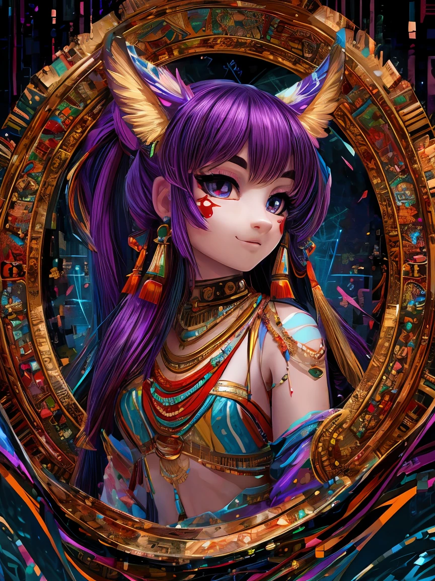 (absurdres, highres, ultra detailed), (1girl:1.3), twintails, purple hair, BREAK , glitch art, digital distortion, pixelated fragments, data corruption, colorful noise, visual chaos, contemporary aesthetics BREAK , enamel art, glass-like surface, vibrant colors, glossy finish, reflective textures, rich pigments, fluid forms BREAK , ethnic style, traditional clothing, vibrant patterns, handmade textiles, cultural motifs, beaded jewelry, artisanal accessories