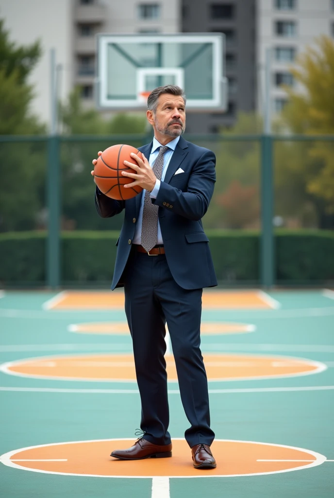 A man in a business suit playing basketball on a basketball court