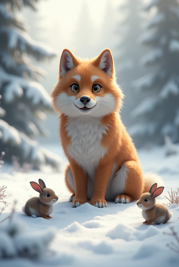 A brown wolf standing,Realistic and cute style,Waiting for prey,Emoticons are ready,Snow in the background,There are rabbits on the ground