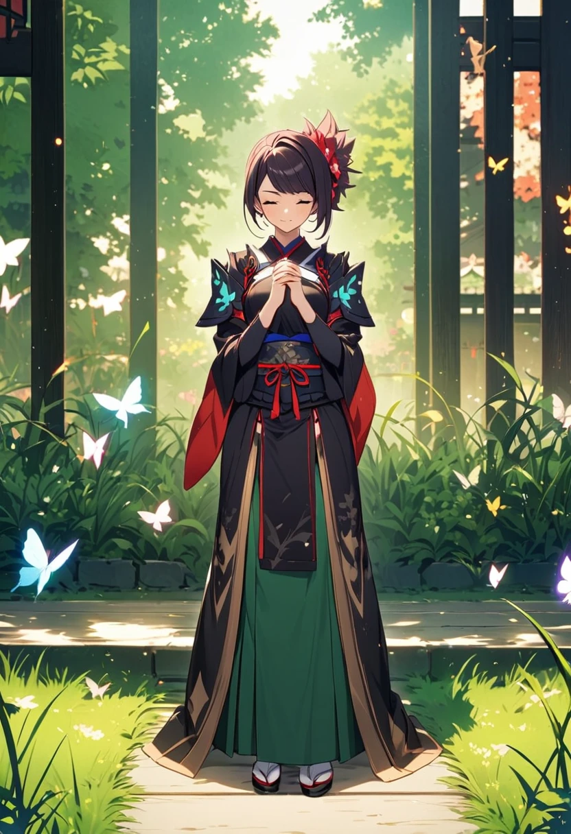 Myamoto musashi samurai young adult legendary japanese with hands clasped standing with eyes closed near a walkway of green grass and butterflies 