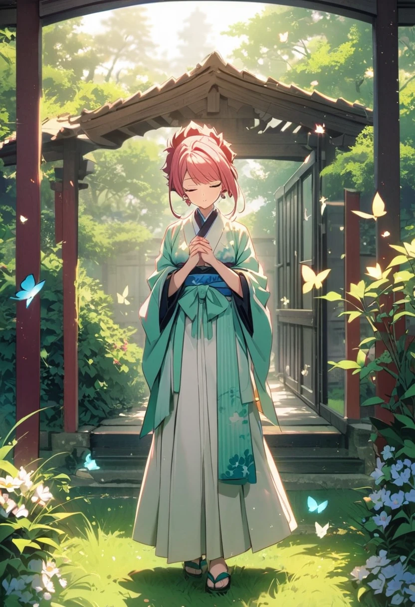Myamoto musashi samurai young adult legendary japanese with hands clasped standing with eyes closed near a walkway of green grass and butterflies