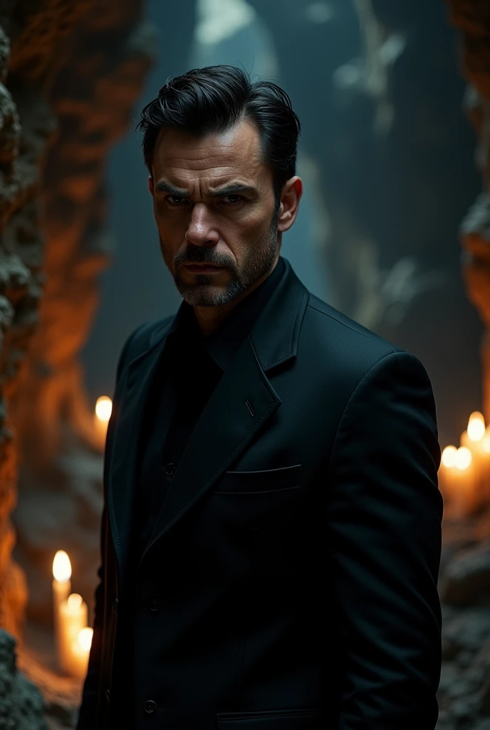 photograph of a man, (grim facial expression), Textured light skin, shiver, black colored hair, black eyes, usando um terno preto, dark and mysterious cave with unique rock formations and hidden wonders, perfects eyes, (candle light,Bright dark), Support 160 colors.