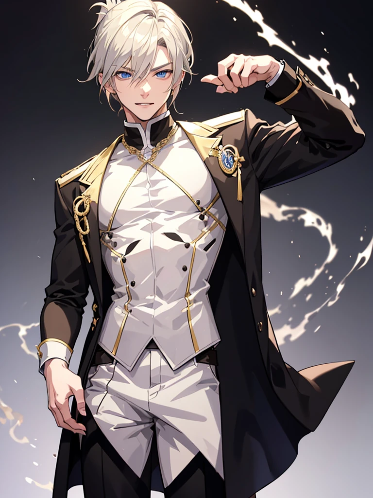 Anime attractive man, 20 year old, blonde hair, very very short ponytail, tall, muscular, black suit, silver lining, formal clothes, solo, one person, high resolution, high quality, masterpiece, masculine face, smirk.