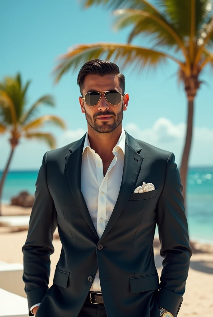 Generate 3 different photos, about a 30 year old Mexican who owns a casino and lives on the beach 