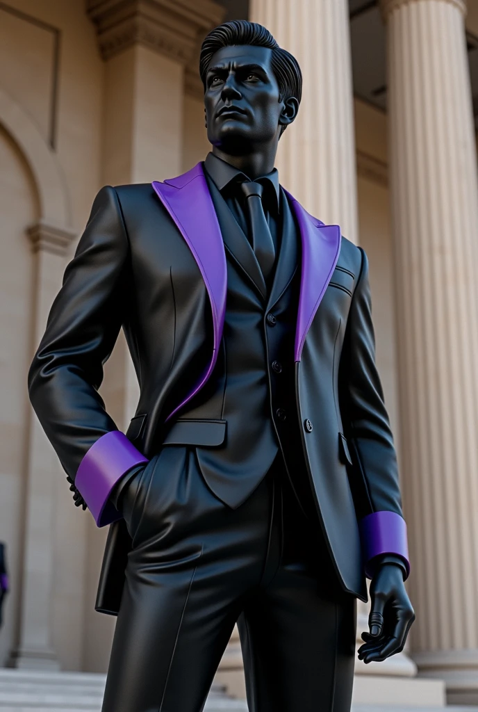 STATUE OF A GREEK GOD IN A BLACK SUIT WITH PURPLE DETAILS
