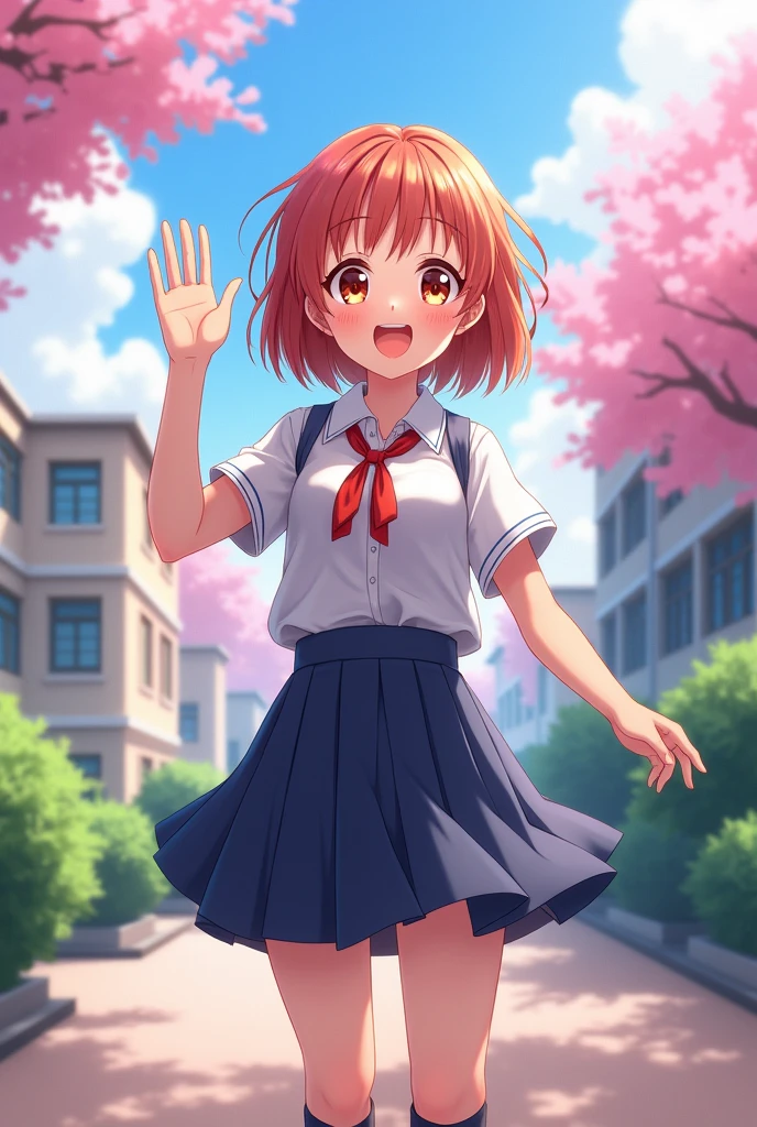 girl waving in anime uniform
