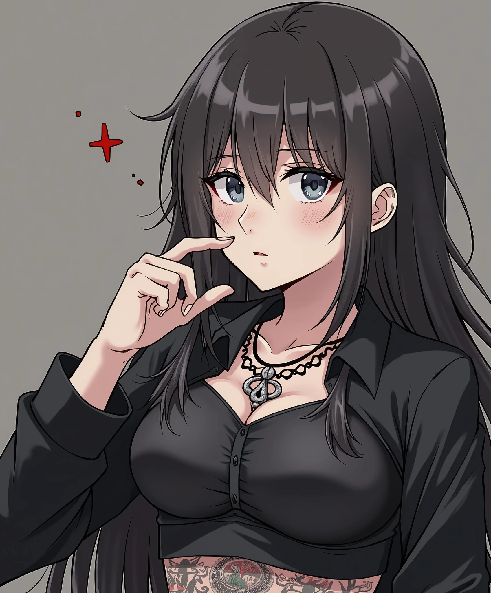 A girl with a short skirt and a tight blouse and with big breasts and a guy with abs has tattoos on his torso has a serious face is a mobster