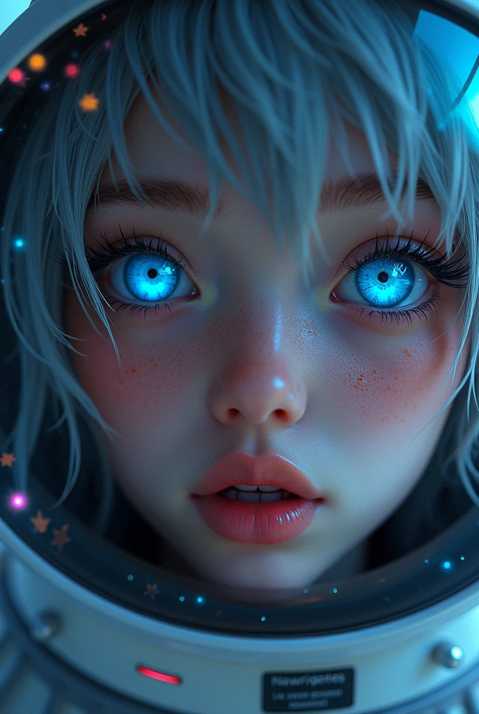(Close-up of a better masterpiece:1.5)0.9], (Space and astronauts:1.2) (Messy silver hair:1.1) (Heterochromia xanthochromia and blue eyes:1.2) (Space Helmet:1.0) (Colored stars in the eyes:1.0) (A radiant glow:1.1) (thick lips:0.9)