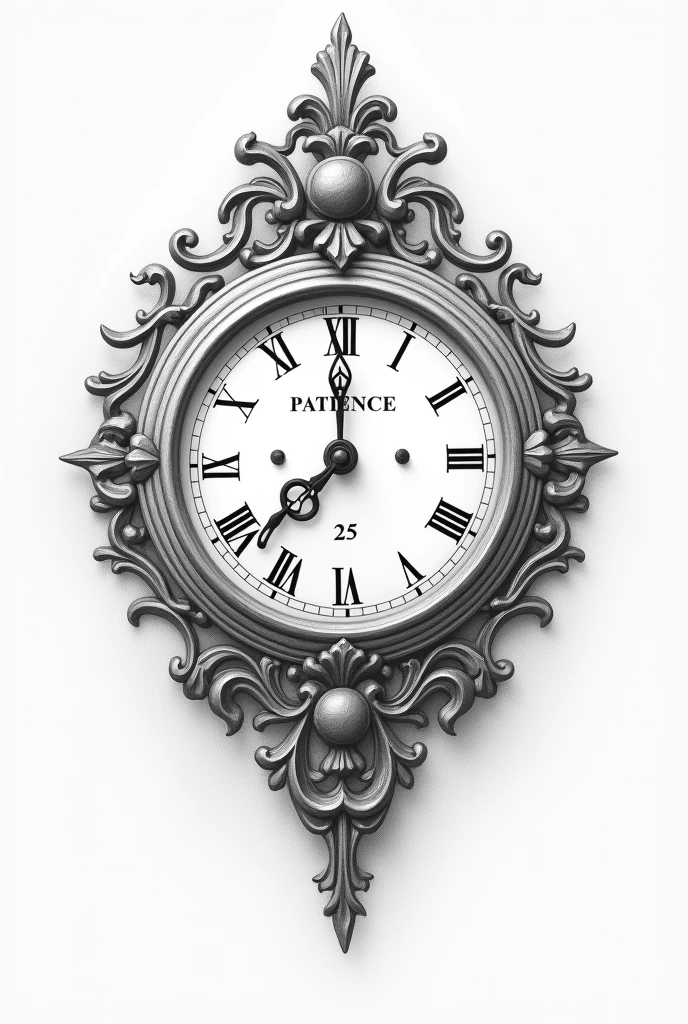 Draw a pencil sketch and Illustrate a clock to symbolize the passage of time. Place the word "Patience" in the hand of the clock and the other hand of the clock the numbers 23-26