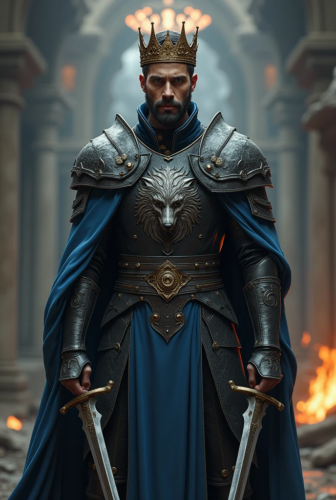Create a rogue who became a king with a crown on his head, age 28, With a thin body, with black and blue leather armor with a wolf printed on it. short black hair, scruffy beard, holding a dagger in each hand.