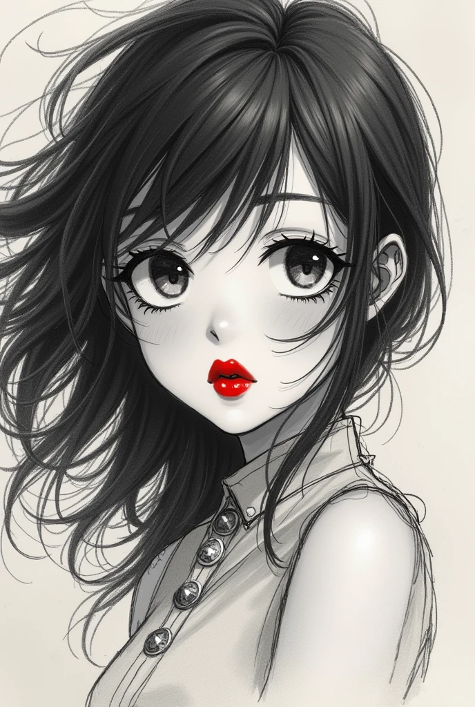 Make me an anime sketch, estilo Jujutsu Kaisen. of a girl with lipstick on
