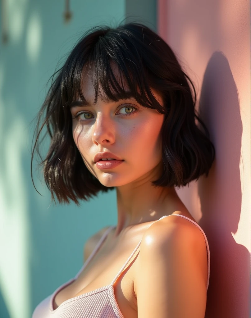 RAW photo, best quality, masterpiece, photorealistic, Polish girl, 20 years old, black hair, Light grey eyes, short bob cut, hair in 7 thirds, hair over one ear, Symmetrical eyes, Detailed Skin, Detailed face, Detailed hands, Big Breasts, rip gloss, Shot in front of a stylish pastel-colored exterior wall, profile, upper body, sunny, outdoors, detailed background, wet hair, gel nails, looking away