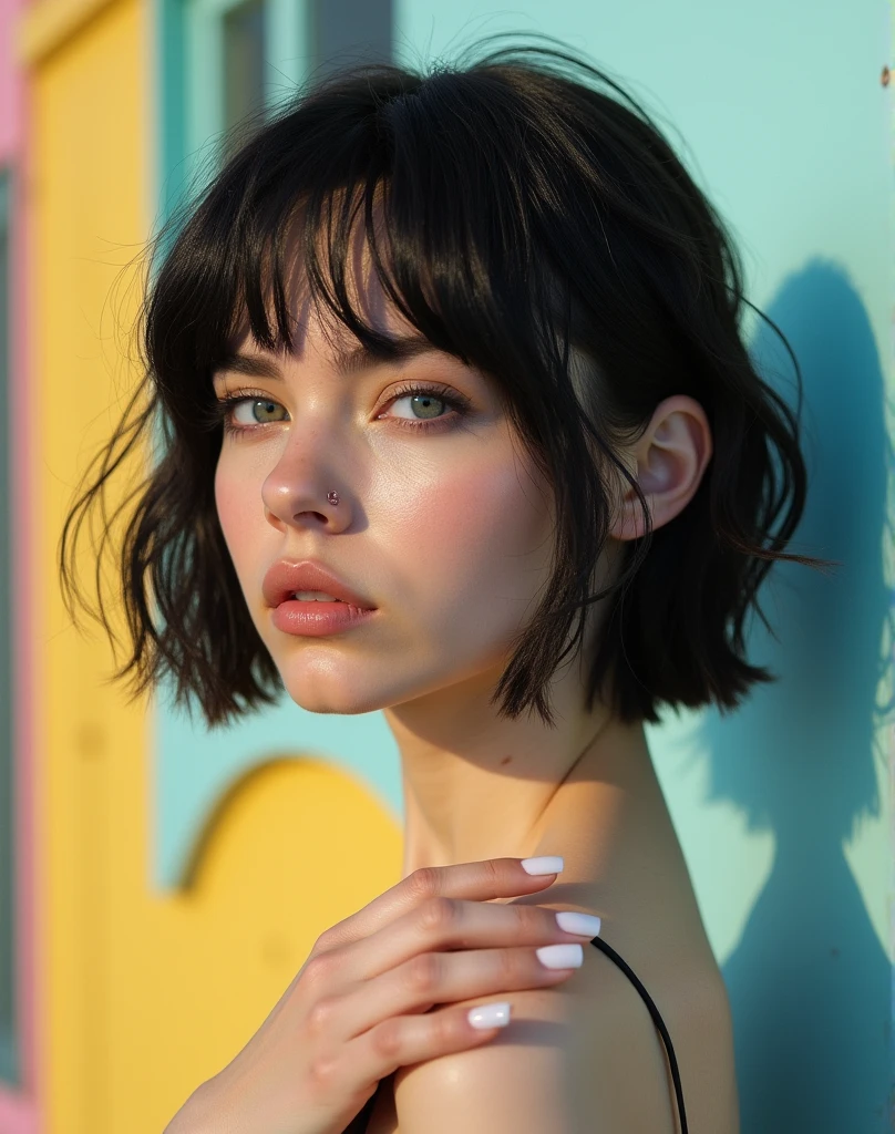 RAW photo, best quality, masterpiece, photorealistic, Polish girl, 20 years old, black hair, Light grey eyes, short bob cut, hair in 7 thirds, hair over one ear, Symmetrical eyes, Detailed Skin, Detailed face, Detailed hands, Big Breasts, rip gloss, Shot in front of a stylish pastel-colored exterior wall, profile, upper body, sunny, outdoors, detailed background, wet hair, gel nails, looking away