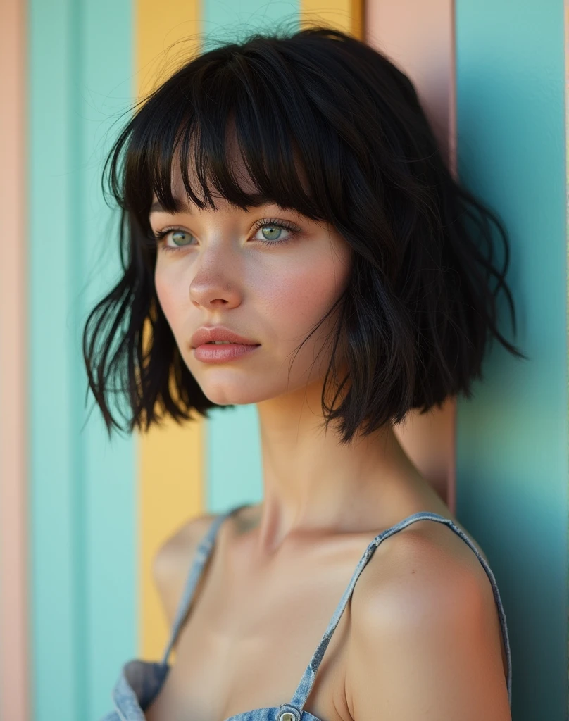 RAW photo, best quality, masterpiece, photorealistic, Polish girl, 20 years old, black hair, Light grey eyes, short bob cut, hair in 7 thirds, hair over one ear, Symmetrical eyes, Detailed Skin, Detailed face, Detailed hands, Big Breasts, rip gloss, Shot in front of a stylish pastel-colored exterior wall, profile, upper body, sunny, outdoors, detailed background, wet hair, gel nails, looking away