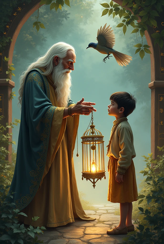 An illustration of the wise old man who helps Rohan with a plan to save Chirag(bird).