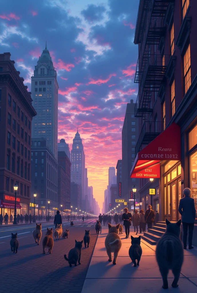 New York City with a blue and purple sunset in the background with a veterinary office and many cats outside on the street