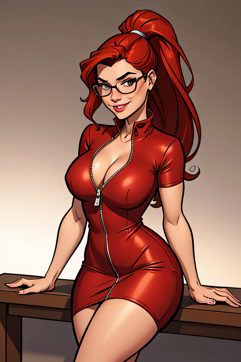 Thin woman, age 25, 4K (High definition), mysterious smile, seducing gaze, eyes browns (wearing glasses), wearing a red dress with a boat neck (com zipper lateral) and short sleeves, arms positioned at the side of the body, Caucasian skin, long red hair with ponytail, upper body (with a table in front of you), full of curves with freckles on her chest and neck, round breasts. High-quality Marvel style, white background.