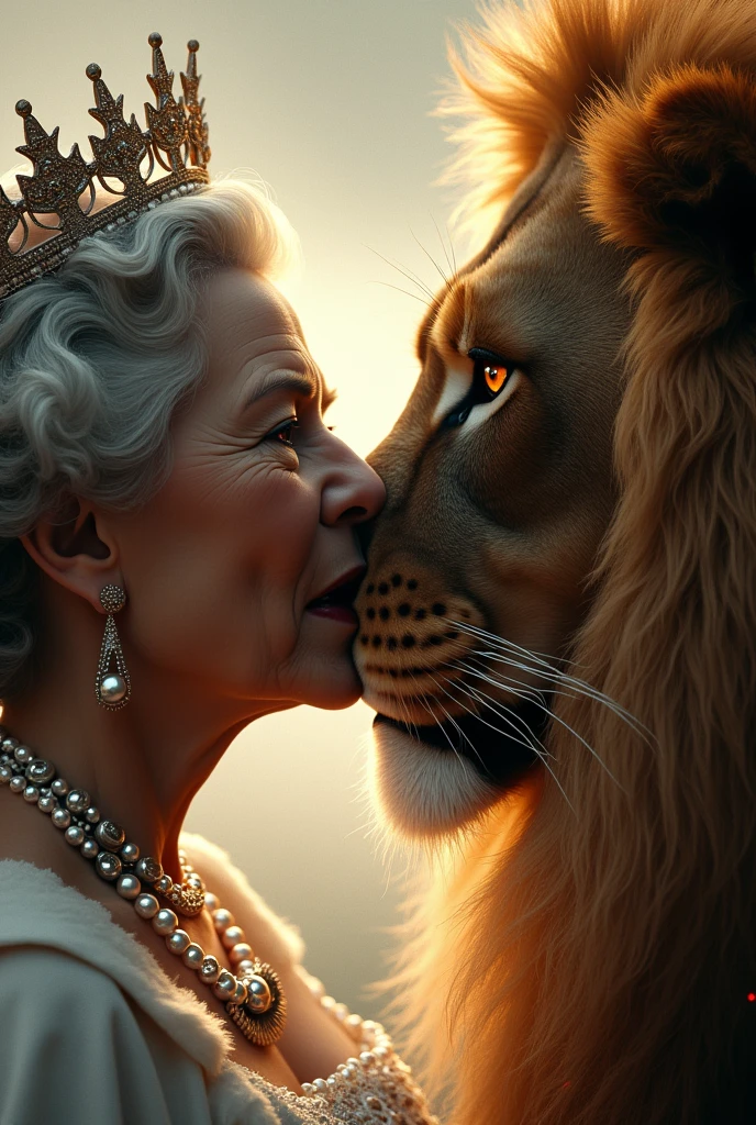 The close pic of queen kissing giant lion with sparkling fierce look
